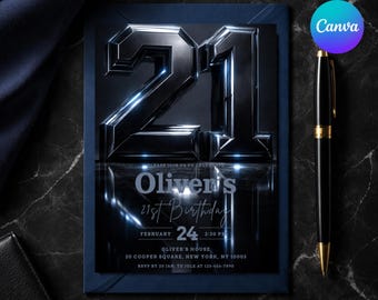 21st Birthday Invitation Template for Him, Black and Chrome Modern Invite, Masculine Digital Printable, Editable Canva 5x7 Design