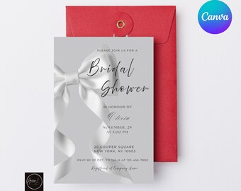 Elegant Ribbon White Bow Bridal Shower Invitation Template | Printable 5x7 Digital Download