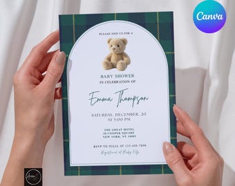 Green Plaid Teddy Bear Baby Shower Invitation Template, Editable Canva (Digital Download)