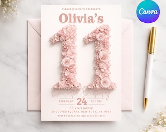 Floral 11th Birthday Invitation Template, Pink Rose 3D Flower Number 11 Invite, Eleven Years Old, Girl Party, Editable Canva 5x7
