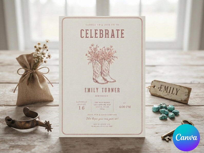 K&ouml;nnte beinhalten: Eine rechteckige Geburtstagseinladungskarte mit cremefarbenem Hintergrund und einem seilartigen Rand. Der Text lautet SADDLE UP & JOIN US TO CELEBRATE, EMILY TURNER, BIRTHDAY, SATURDAY AUGUST 16, THE WILD RANCH, 4:00 PM, FOOD, FUN & GOOD COMPANY, We hope you can join us!