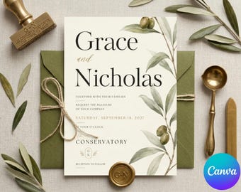 May include: A wedding invitation card featuring the names Grace and Nicholas, printed in black serif font on cream paper. The design includes watercolor olive branches with green leaves and olives, a gold wax seal, a green envelope, and a brass stamp.