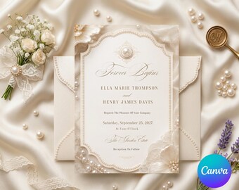 May include: A cream-colored wedding invitation card featuring a scalloped border, a central pearl accent, and elegant serif typography. The text reads Forever Begins, Ella Marie Thompson and Henry James Davis, Request The Pleasure Of Your Company, Saturday, September 25, 2027, At Four O'Clock, The Garden Estate, Reception To Follow.