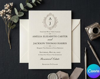 May include: A cream-colored wedding invitation card featuring a central oval monogram with the letters A and J, printed with black text including the names Amelia Elizabeth Carter and Jackson Thomas Harris, dated Saturday, May 29, 2027, at Rosewood Estate.