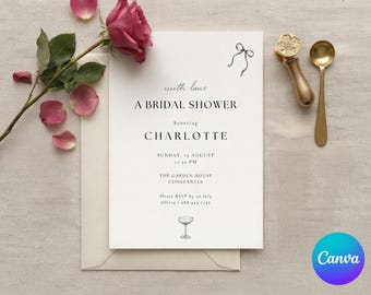 Bridal Shower Invitation Template, Minimalist Brunch Invite, Elegant Bow Wedding Card, Chic Engagement Party, Bride to Be Stationery, 5x7