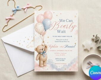 May include: A gender reveal party invitation featuring a watercolor teddy bear holding a cluster of pink and blue balloons. The text reads We Can Bearly Wait To See What Baby Will Be, along with space for names, date, time, location, and RSVP details.