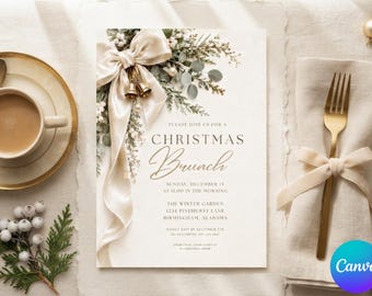 Christmas Brunch Invitation, Velvet Bow Holiday Party Invite, Elegant Festive Winter Event Template, 5x7 Canva Digital Download