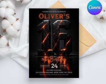 16th Birthday Invitation Template, Editable Lava & Obsidian Stone Invite, Cinematic 3D Cracked Rock, Sweet Super 16 Boy Party, Canva 5x7