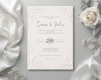 Elegant White Floral Wedding Invitation Template, 5x7 Editable Minimalist Modern Wedding (3D Embossed Style)