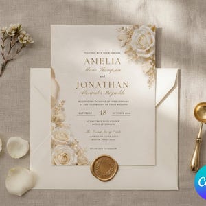Vorlage für eine elfenbeinfarbene Hochzeitseinladung, elegante goldene Blumeneinladung, luxuriöse Karte für den Junggesellinnenabschied, minimalistisches neutrales 5x7-Canva-Format (digitaler Download)