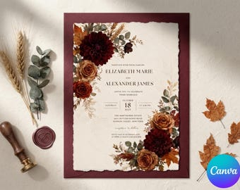 Fall Wedding Invitation, Moody Floral Invite, Autumn Wedding Stationery, Rust and Burgundy Wedding Theme, Dark Floral Boho Wedding Invite