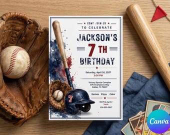 May include: A rectangular birthday invitation card featuring a baseball theme with a bat, glove, and helmet graphic. The text reads: Come join us to celebrate Jackson's 7th birthday, Saturday, April 16, 2027, 2:00 PM, Victory Sports Complex, 875 Champions Way, Dallas, TX 75207.