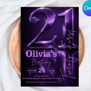 Purple chrome 21st birthday invitation, editable Canva template for twenty-first birthday, metallic purple and black party invite with modern neon glow effects.