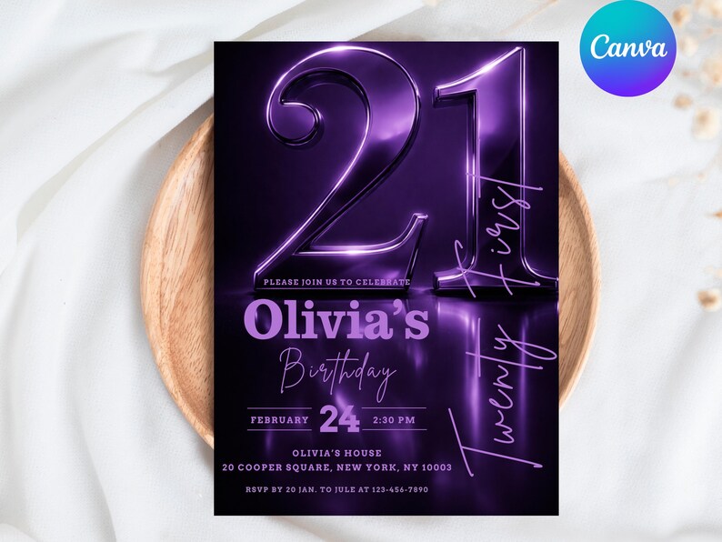 Purple chrome 21st birthday invitation, editable Canva template for twenty-first birthday, metallic purple and black party invite with modern neon glow effects.