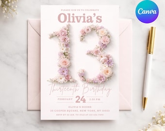 Floral 13th Birthday Invitation Template, Blush Pink Flowers Thirteenth Birthday Invite, 5x7 Official Teenager Party for Girls