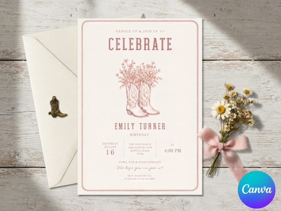 Cowgirl Birthday Invitation, Western Theme Party Invite, Rustic Wild West 5x7 Template, Vintage Floral Boots Celebration, Editable in Canva