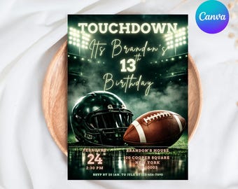 Editable Football Birthday Invitation Template, Boys Sports 13th Birthday Invite, All Ages Party, 5x7 Canva design