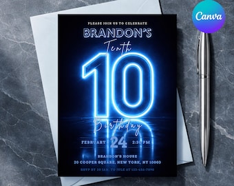 Neon Blue 10th Birthday Invitation Template, Boy’s Glow Party Invite, Electric Tenth Birthday Decor, Canva Editable 5x7 Digital Download
