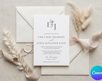 Minimalist Wedding Invitation Template, Elegant Floral Invite, Editable Canva 5x7 Digital Download