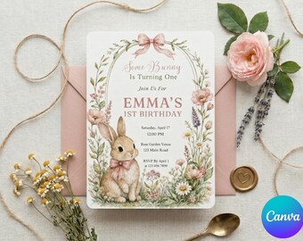 May include: A rectangular birthday invitation card featuring a watercolor illustration of a brown bunny with a pink bow, surrounded by a floral arch and greenery. The text reads Some Bunny Is Turning One, Join Us For EMMA'S 1ST BIRTHDAY.