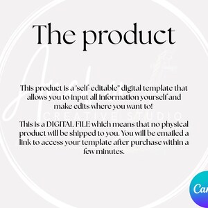 May include: White background with the text "The product" in a black, elegant font. The text below describes a self-editable digital template. A Canva logo is in the bottom right corner.