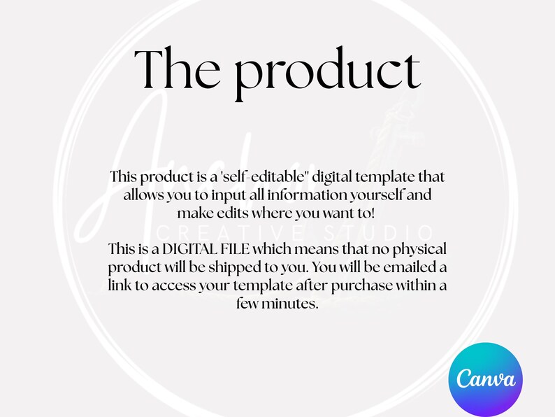 May include: White background with the text "The product" in a black, elegant font. The text below describes a self-editable digital template. A Canva logo is in the bottom right corner.