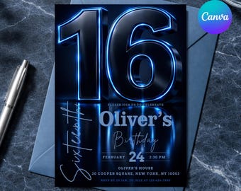 May include: A dark blue invitation card with the number "16" in large, glossy, black letters with a neon blue outline. The text reads "Oliver's Birthday" and includes the date, time, and location. A silver pen rests on the envelope.