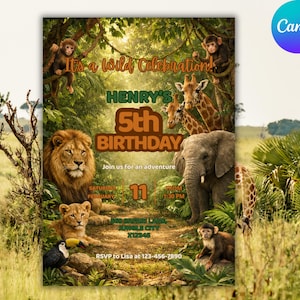 Könnte beinhalten: Eine Geburtstagseinladung mit Dschungel-Thema, mit dem Text "It's a Wild Celebration!" und "Henry's 5th Birthday." Das Design zeigt Illustrationen eines Löwen, einer Löwin, eines Elefanten, Giraffen und Affen. Die Einladung enthält Datum, Uhrzeit und RSVP-Informationen.