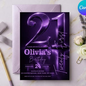 Digital 21st birthday invitation template featuring large 3D purple chrome numbers "21" on a dark background with glowing purple accents and modern script typography.
