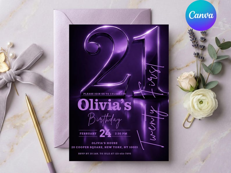Digital 21st birthday invitation template featuring large 3D purple chrome numbers "21" on a dark background with glowing purple accents and modern script typography.