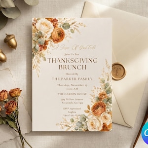 Peut inclure: Une carte d'invitation pour un brunch de Thanksgiving avec des illustrations florales dans des tons orange, crème et vert. Le texte indique : A Season of Gratitude, Join Us For Thanksgiving Brunch, Hosted By The Parker Family, Thursday, November 25, 11:00 AM, The Garden House, 389 Willow Avenue, Savannah, Georgia, RSVP Appreciated, Sophia (949) 555-0100.