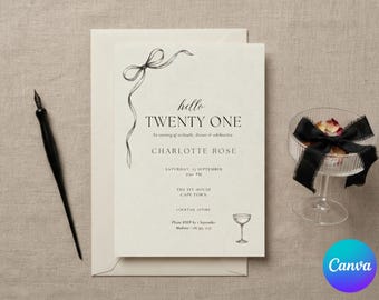 21st Birthday Invitation Template, Elegant Cocktail Party Invite, Twenty One Birthday, Chic Ribbon Milestone Celebration. 5x7 Canva Digital