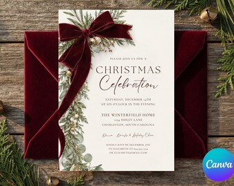 Christmas Party Invitation, Burgundy Velvet Bow Holiday Invite, Winter Greenery Event Template, Elegant 5x7 Canva Digital Download