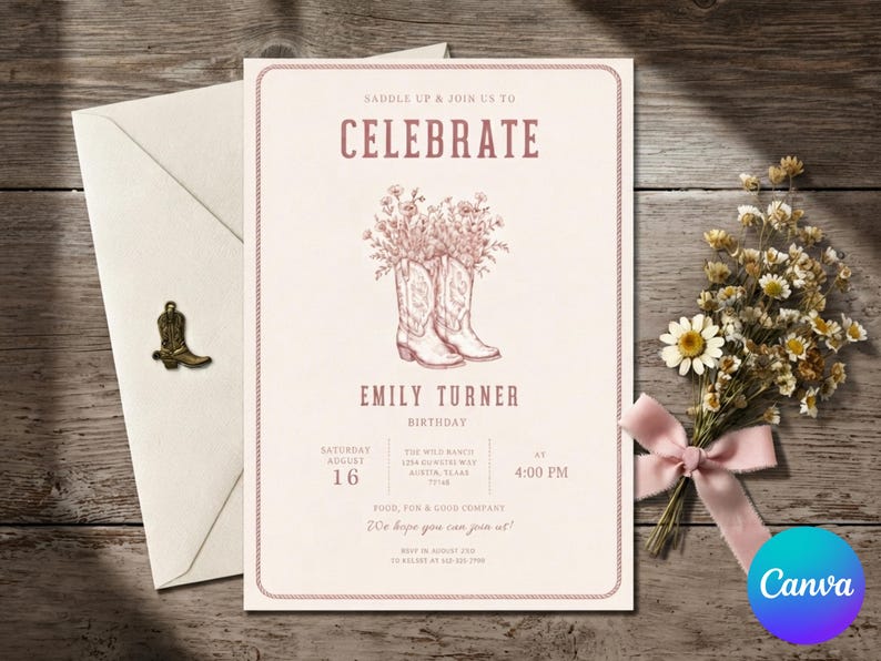 K&ouml;nnte beinhalten: Eine cremefarbene Geburtstagseinladungskarte mit einer Abbildung von zwei Cowboystiefeln voller Wildblumen, bedruckt mit dem Text "Saddle up & join us to celebrate", "Emily Turner", "Birthday" und Veranstaltungsdetails in dunkelrosa Schrift.