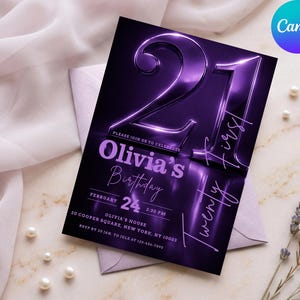 May include: A purple and black 21st birthday invitation with the text "Olivia's Birthday" and event details. The design features a large, reflective "21" and the words "Twenty First". The invitation is on a marble surface with pearls and flowers.