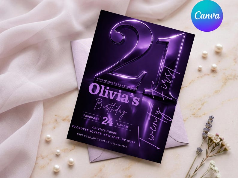 May include: A purple and black 21st birthday invitation with the text "Olivia's Birthday" and event details. The design features a large, reflective "21" and the words "Twenty First". The invitation is on a marble surface with pearls and flowers.