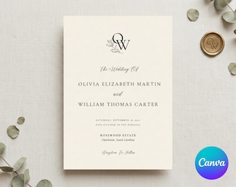 May include: A cream-colored wedding invitation card featuring black text and a botanical monogram of the letters QW. The text reads The Wedding Of, Olivia Elizabeth Martin and William Thomas Carter, Saturday, September 18, 2017, Five O'Clock, Rosewood Estate.