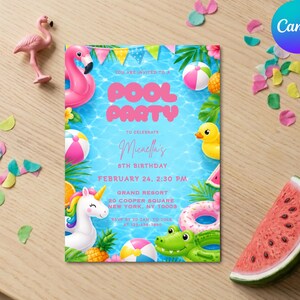 May include: A colorful pool party invitation with the text "Pool Party" and details for a birthday celebration. The design includes a pink flamingo, beach balls, a rubber duck, and a slice of watermelon. The Canva logo is in the upper right corner.