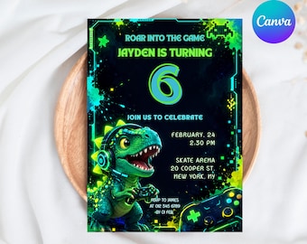 May include: A birthday party invitation with a gaming theme. The invitation features a green dinosaur wearing headphones and holding a game controller. Text includes "ROAR INTO THE GAME" and "JAYDEN IS TURNING 6".