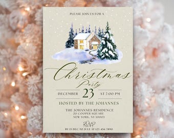 May include: A Christmas party invitation with a watercolor illustration of a snow-covered house and evergreen trees. The invitation includes the text "Christmas Party" and details for the event on December 23rd at 7:00 PM, hosted by The Johannes.