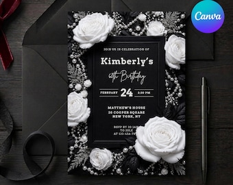 May include: A black and white birthday invitation with the text "Kimberly's 60th Birthday" surrounded by white roses, pearls, and silver accents. The invitation includes the date, time, and location details. A black envelope and pen are also visible.