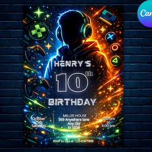 Op de afbeelding: Een neon-stijl verjaardagsuitnodiging met een gamer-thema. Het ontwerp toont een silhouet van een persoon met een koptelefoon, omringd door gamecontrollers en gloeiende graphics. Tekst bevat "Henry's 10e verjaardag" en evenementdetails.