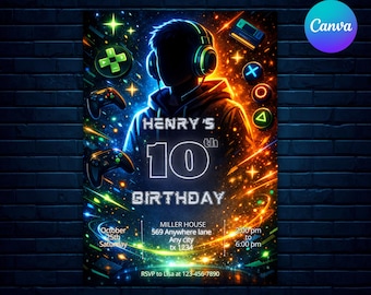Neon Gamer Birthday Invitation, Level 10 Unlocked, Editable Canva (5x7) (Digital Download)
