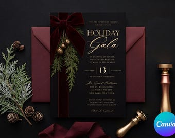May include: A black rectangular invitation card featuring gold text that reads Holiday Gala, an evening of dinner, music & celebration to ring in the season. The card is adorned with a deep red velvet bow, green pine sprigs, and small gold bells.