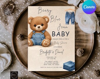 Beary Blue Jean babyshower uitnodigingssjabloon, denim teddybeer canvas bewerkbaar 5 x 7 ontwerp