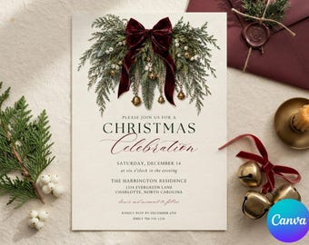 Christmas Party Invitation Template, Evergreen Holiday Dinner Invite, 5x7 Canva Digital Download