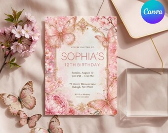 May include: A rectangular birthday invitation card featuring pink cherry blossoms, peonies, and butterflies surrounding a gold ornate frame. The text reads: You're invited to Sophia's 12th Birthday, Sunday, August 10, 1:00 PM - 3:30 PM, 73 Cherry Blossom Lane, Raleigh, NC 27603, RSVP to Mommy 919-555-6002.