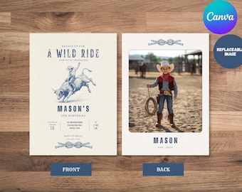 Cowboy Birthday Invitation Template, Western Party Invite, Wild West Rodeo Theme, Country Boy Celebration, Rustic Hoedown Event, 5x7 Canva