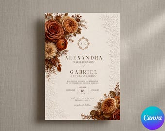 Rust Wedding Invitation Template, Terracotta Floral Invite, Boho Fall Stationery, Burnt Orange Autumn Marriage, Elegant Moody 5x7 Canva Card