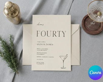 40th Birthday Invitation, Martini Glass Invite, Cheers to Forty, Minimalist Birthday Party, Modern Cocktail Party Invite, 5x7 Editable Canva
